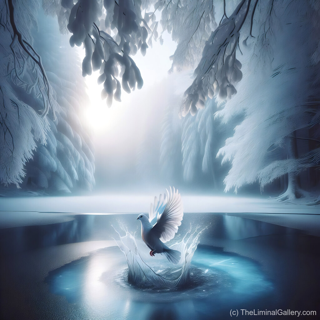 A serene dove soaring through a frost-covered dreamscape, symbolizing hope, renewal, and the tranquil beauty of winter.